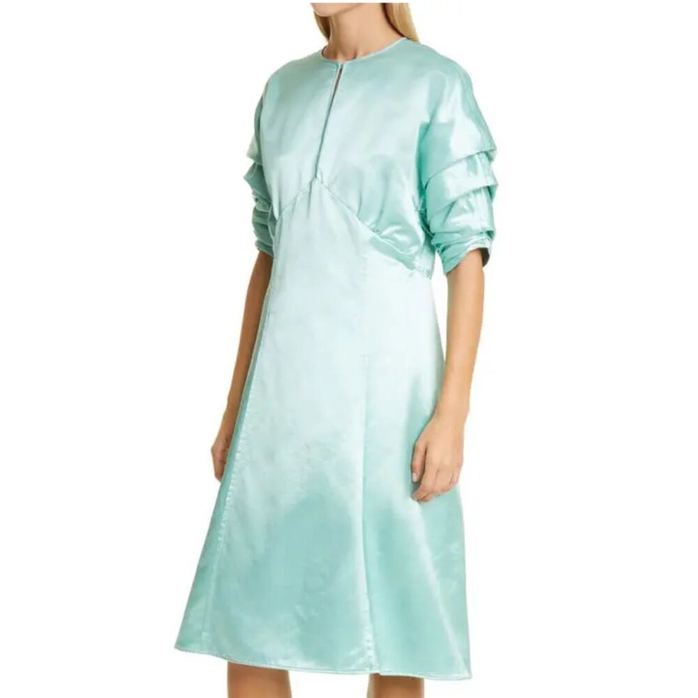 MERYLL ROGGE *NEW* Gathered Sleeve Seafoam Sateen Dress